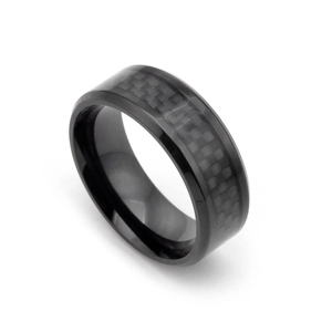 Men's 8mm black stainless steel ring with carbon fiber inlay and matte finish