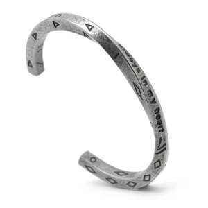 Vintage silver Viking steel cuff bracelet with 'Always in my heart' engraved quote