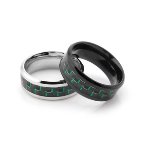 Titanium steel men's rings set with black carbon fiber and green geometric pattern