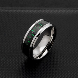 Polished titanium steel men's ring with black carbon fiber and green rectangular inlay