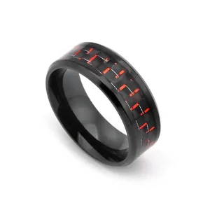 Bague en acier titane pour hommes avec incrustation en fibre de carbone rouge et noir