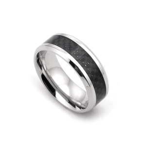 8mm silver stainless steel ring with polished finish and black carbon fiber inlay