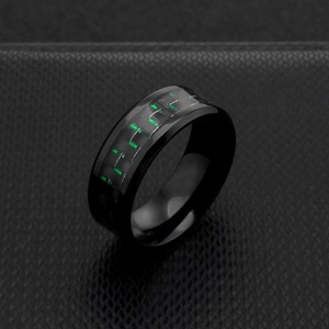 Polished black titanium steel ring for men with green carbon fiber inlay design