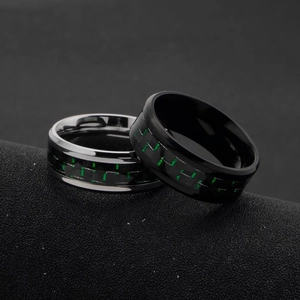 Men titanium steel ring set featuring black and silver bands with green carbon fiber inlay