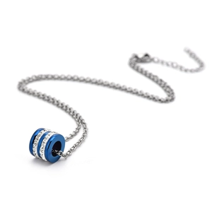 Pendentif cylindrique bleu en acier inoxydable avec double rangée de cristaux brillants