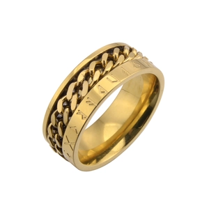 Vue détaillée d'une bague Viking dorée avec chaîne rotative et gravure de runes