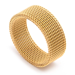 Men's wide flexible golden mesh band ring in polished stainless steel weave