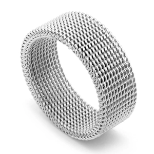 Detail showing the intricate silver metal mesh texture of a flexible steel ring band