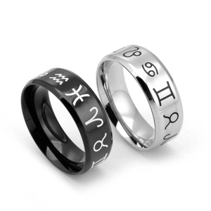 Bagues Gravées des Douze Signes du Zodiaque en Acier au Titane pour Hommes Femmes Unisexe Noir Argent Bague Géométrique Mode