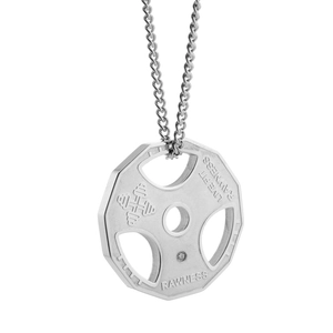 Silver weight plate pendant necklace featuring Live Fit and Rawness embossed text
