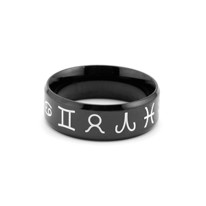 Bague large pour homme en acier titane noir avec symboles blancs des signes du zodiaque