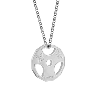 Barbell weight plate necklace for men featuring Live Fit and Rawness engraving