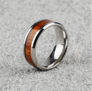 Polished stainless steel ring for men featuring a centered dark brown wood grain inlay