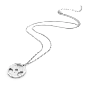 Macro shot of silver dumbbell plate pendant with Live Fit engraving on steel chain