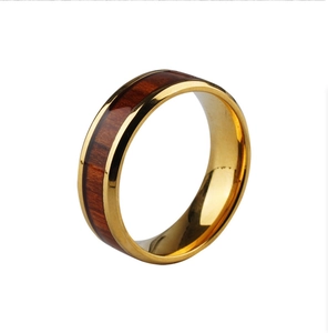 Vintage Titanium Steel Wood Inlay Ring For Men Industrial Natural Wood Grain Band Ring Gold Silver Black Finger Jewelry
