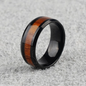 Classic stainless steel ring for men featuring natural brown wood inlay with black finish