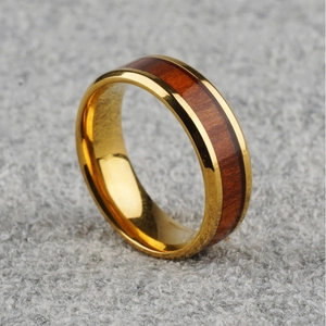 Polished gold stainless steel ring with elegant natural wood inlay for men and women