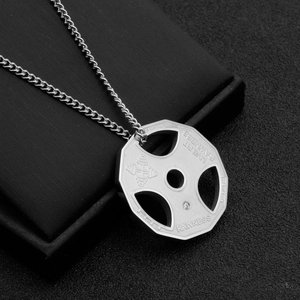 Silver dumbbell plate pendant necklace for men with engraved Live Fit and Rawness text