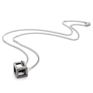 Vintage hollow cube pendant necklace in brushed stainless steel on white background