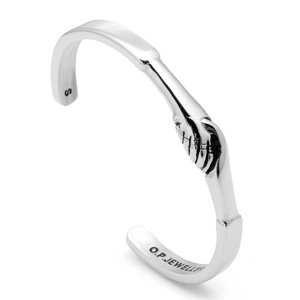 Silver titanium steel handshake open cuff bracelet with detailed hand-shaped ends for couples