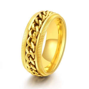 Gold titanium steel rotating chain gear ring with textured edges for men in industrial style