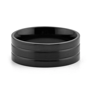 Men's matte black stainless steel ring with brushed center and polished edges on white background