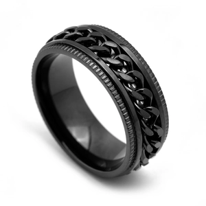 Men's black stainless steel spinner ring with rotatable Cuban chain and gear edges
