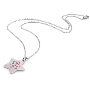 Collier d'alerte médicale Star of Life en acier inoxydable argenté avec emblème rouge sur fond blanc