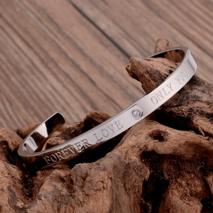 Silver stainless steel C-shape bracelet with Forever Love engraving and zircon stone
