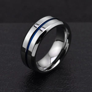 Polished titanium steel ring for men with a sleek blue center groove and silver mirror finish