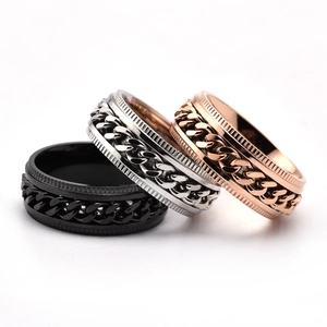 Mens rotatable chain gear rings in black, silver and rose gold polished titanium steel