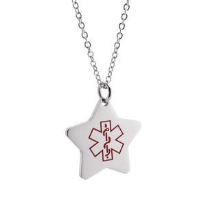 Collier Pendentif d'Alerte Médicale en Acier Titane Étoile de la Vie Pour Unisexe Argent Poli Collier d'Urgence Bijoux