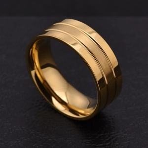 Macro shot of gold stainless steel ring featuring a matte brushed center and polished edges