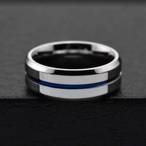 Polished titanium steel men's ring with a sleek silver finish and blue center line inlay