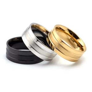 Men's matte stainless steel rings set in black, gold, and silver with double grooves