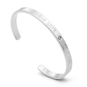 Minimalist silver C-shaped titanium steel LOVE bangle with engraved text and zircon