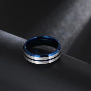Detailed close-up of blue and silver brushed matte titanium steel ring for men