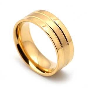 Men's wide gold stainless steel ring with matte brushed finish and polished edges