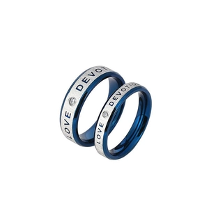 Anello di Coppia in Acciaio Inossidabile per Uomo Donna Bicolore Blu Argento LOVE DEVOTION Lettere Incise con Strass
