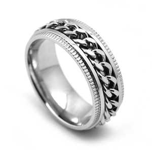 Mens rotatable gear spinner ring made of stainless steel with a cuban chain center