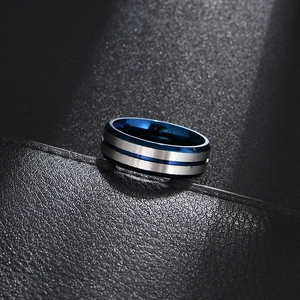 Men's titanium steel ring with brushed silver finish and blue inner mirror groove