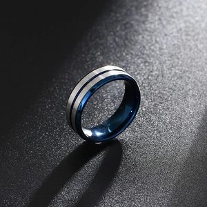 Men's matte brushed titanium steel ring with blue inner plating and polished beveled edges