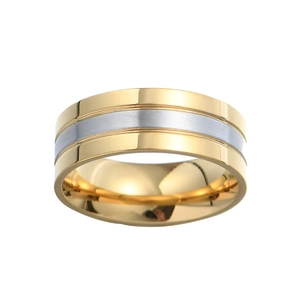 Titanium steel ring with gold edges and brushed silver center, modern minimalist band