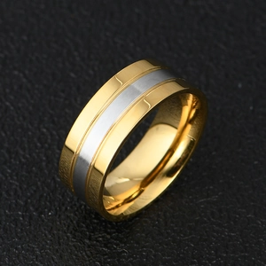 Two-tone titanium steel ring with polished gold edges and brushed silver center band