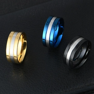 Three-tone titanium steel men rings with gold, blue, and black brushed metal finishes