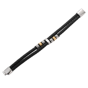 Men's double-layer braided black leather bracelet with silver and gold metal beads