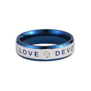 Anello di coppia in acciaio inossidabile blu e argento con incisione LOVE DEVOTION e zircone
