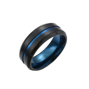 Fashion Matte Brushed Stainless Steel Two Tone Ring For Men Black Gold Blue Groove Comfort Fit Band Jewelry Accessory