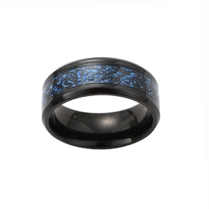 Men's black stainless steel ring with blue carbon fiber inlay and dragon pattern