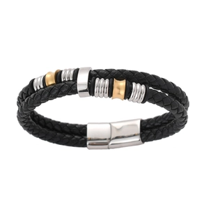 Men's double-row braided leather bracelet with silver and gold metal beads on white background